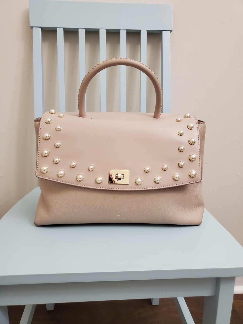 Kate Spade Leather Top-Handle Satchel in Light Beige with Pearl Studs